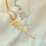 Birth Flower Script Personalized Name Necklace in Gold and Silver featuring a custom name with a delicate birth flower pendant.