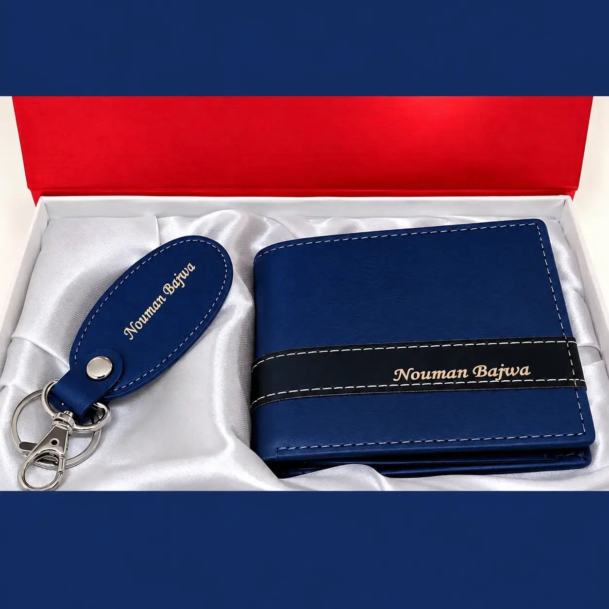 Blue personalized leather wallet and keychain gift set with custom name engraving for men