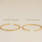 Gold cuff bracelet showing outside and inside engraving options for personalized custom engraving.