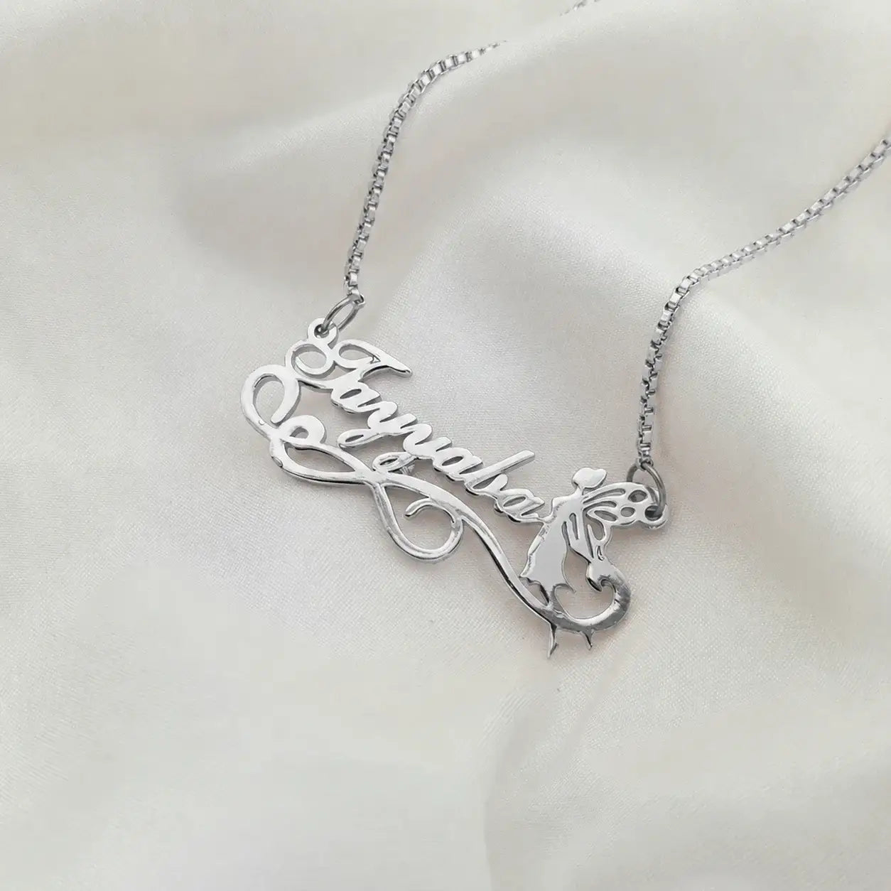 Fairy Personalized Name Necklace in Silver featuring a custom script name with elegant fairy-inspired decorative details.