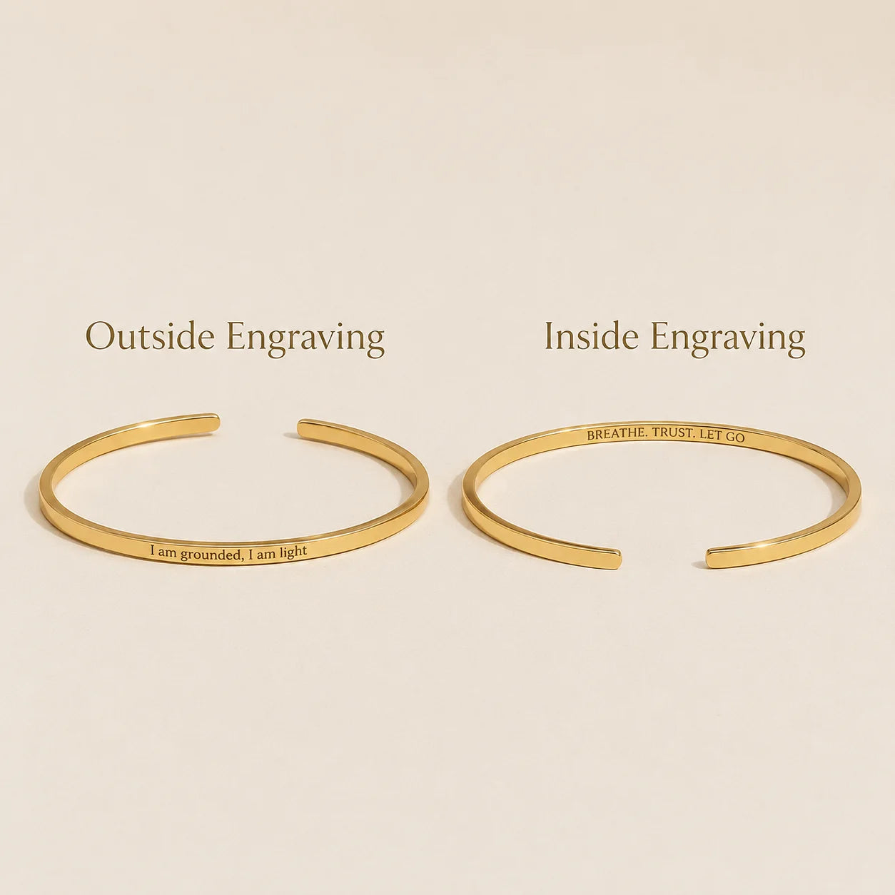 Gold engraved cuff bracelet showing customizable inside and outside engraving options on a beige background