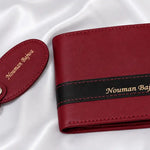 Maroon red personalized leather wallet and matching keychain gift set with custom name engraving for men