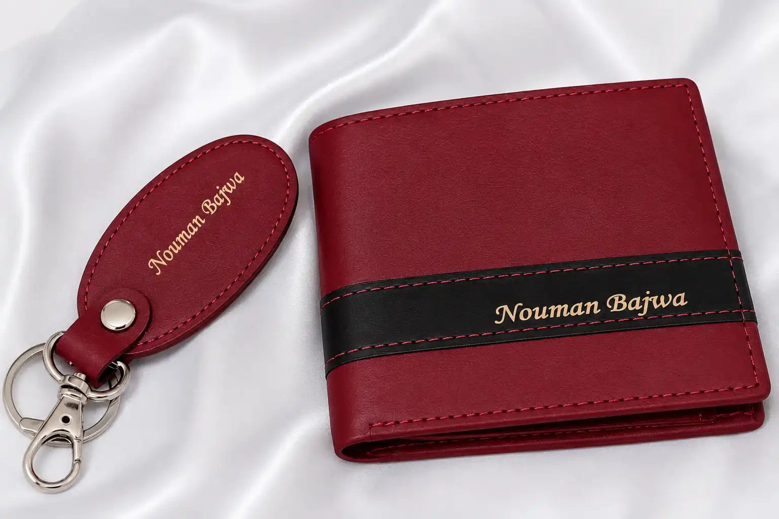 Maroon red personalized leather wallet and matching keychain gift set with custom name engraving for men