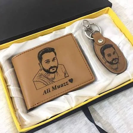 Personalized photo wallet and matching keychain with custom engraved portrait and name, presented in a gift box.
