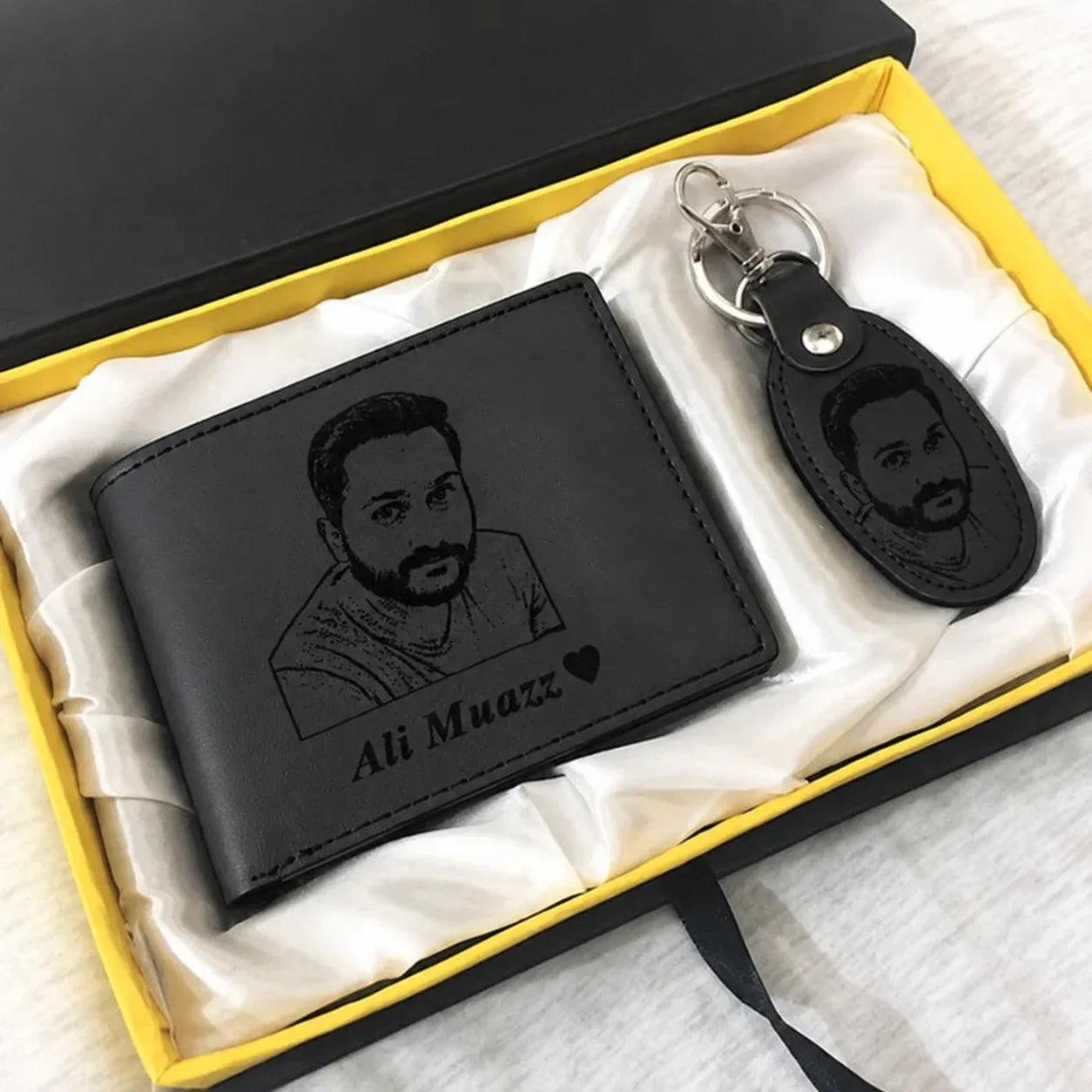 Personalized black leather wallet and matching photo keychain gift set in a premium presentation box