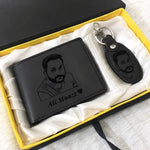 Personalized black leather wallet and matching photo keychain gift set in a premium presentation box