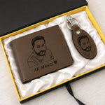 Personalized brown leather wallet and matching photo keychain gift set with custom engraved design