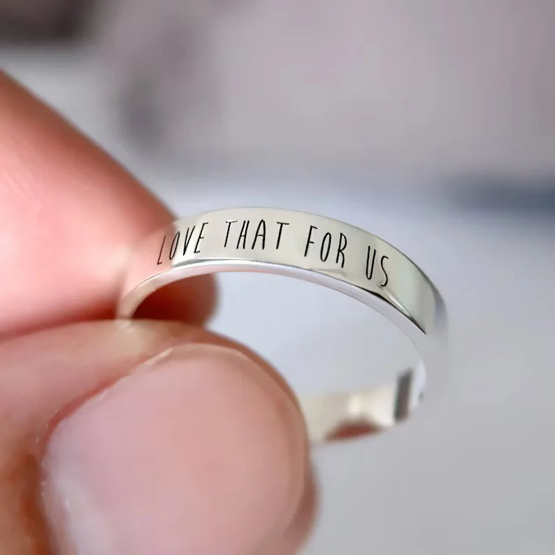 Personalized engraved message ring with custom text inscription on a sleek minimalist band, perfect for couples, anniversary gifts, and everyday wear.