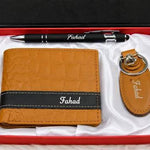 Personalized leather wallet gift set with custom name, matching keychain and pen in a textured tan wallet design.