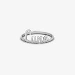 A silver name ring featuring the name 'Luna' in a cursive script, shown on a plain light gray background.