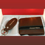 Personalized leather wallet and matching keychain gift set with custom name engraving in a brown and black design.