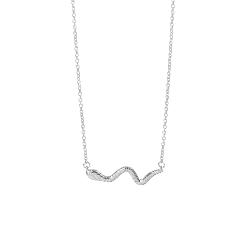 Silver link chain necklace with horizontal textured snake pendant centered on white background