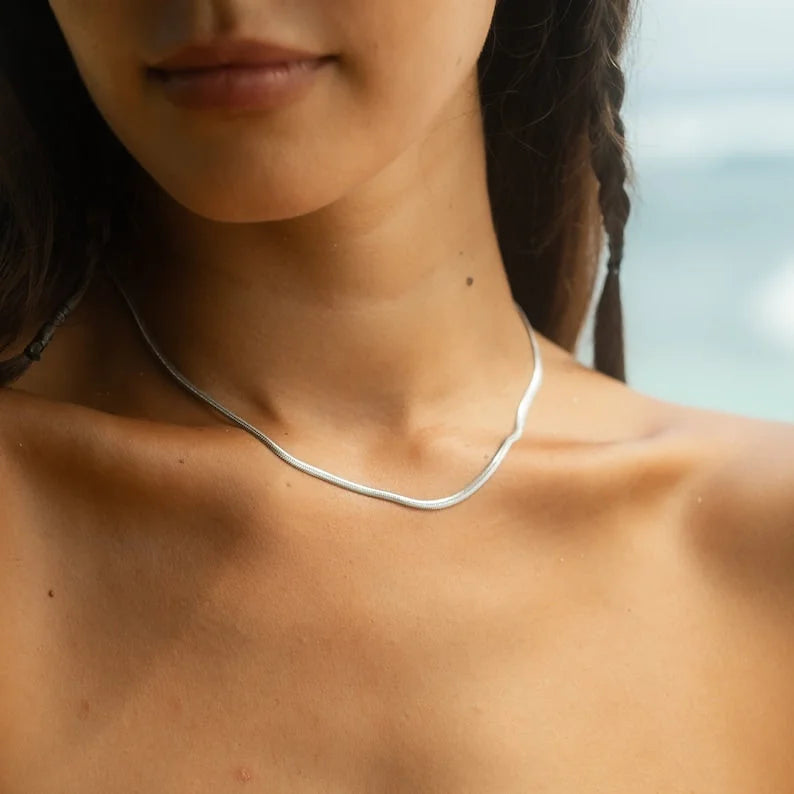 Woman wearing sleek silver flat snake chain choker necklace near beach background