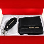 Personalized black leather wallet and keychain set with custom name engraving, premium gift for men.