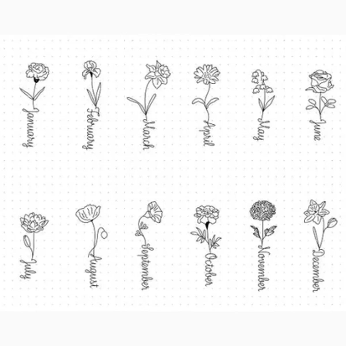 A sheet of clear plastic or glass adhesive stamps featuring twelve different hand-drawn black ink floral designs, each labeled with its corresponding month from January to December in cursive script.